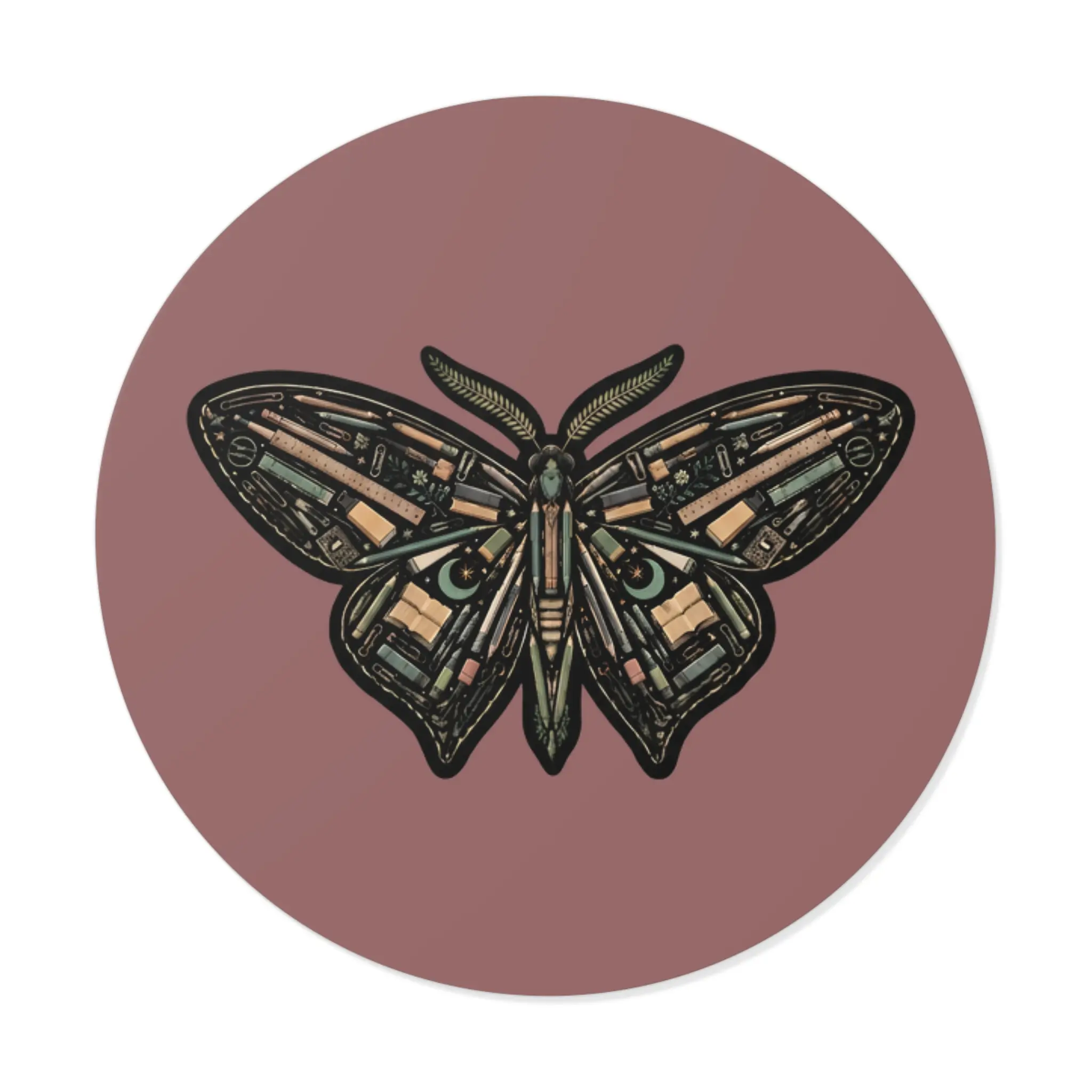 Round Vinyl Luna Moth Illustration Sticker with Brown Background - Scrapbooking & Stamping DIY School Supply, Art Decor