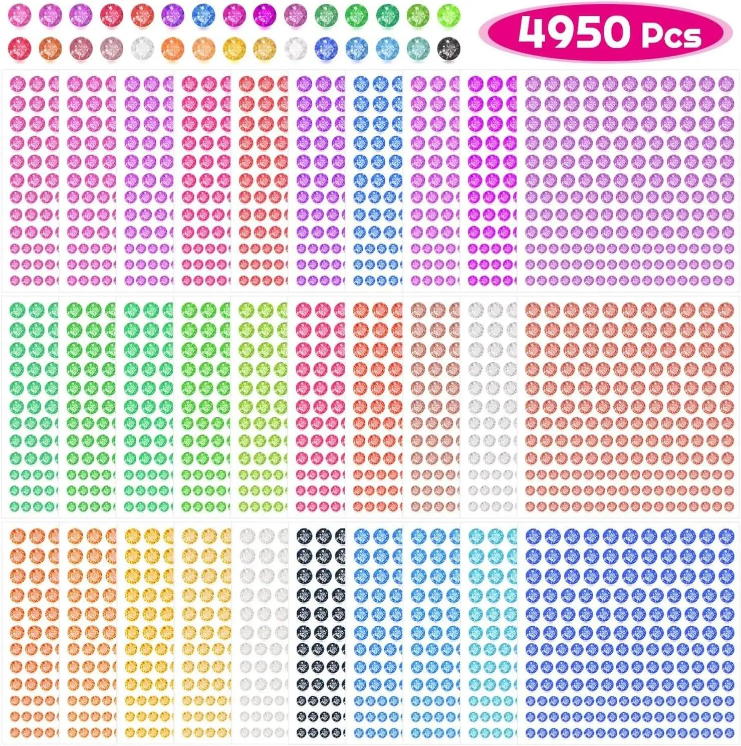 Rhinestone Stickers, Anezus 4950pcs Adhesive Stick on Gems Face Jewels Stickers Self Adhesive Rhinestones for Crafts, Makeup and Decorations (30 Colors, 4 Sizes)