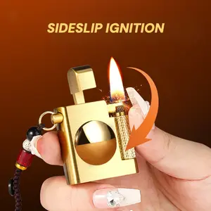 Retro Metal Lighter with Grinding Wheel Ignition - Windproof Portable Kerosene Lighter, Vintage Turntable Design & Safety Lock, Compact Outdoor Survival Fire Starter for Camping, Hiking, Gifts for Men (Kerosene Not Included) - Durable Metal Construc