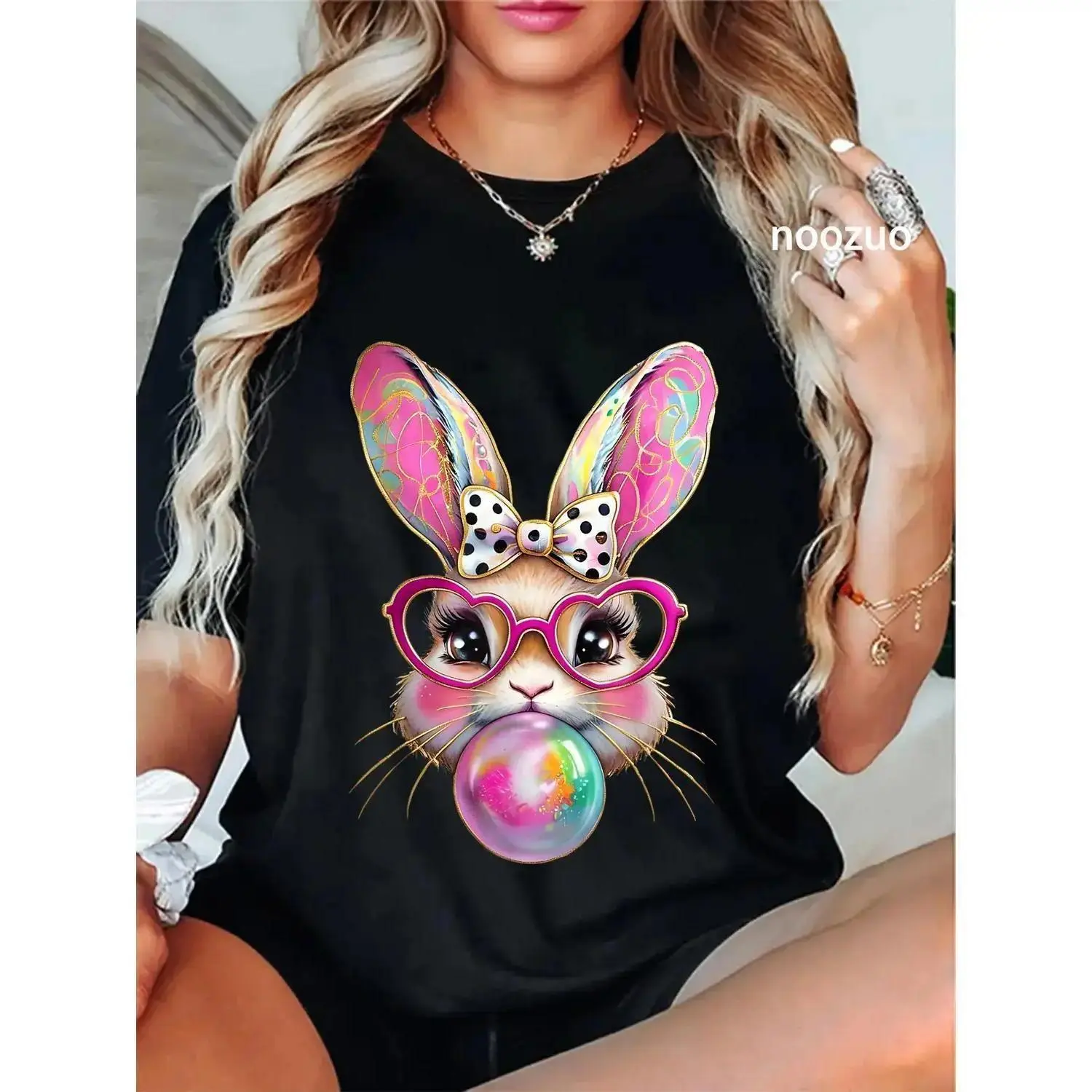 Cotton Unisex Happy Easter Bunny Coquette Bow Brushstroke Easter Girl Casual T-Shirt