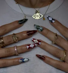 Argyle Sweater Press On Nails, Preppy Plaid Nails, Winter Cozy Nail Set, Hand-Painted Checkered Nails, Y2K Preppy Nails