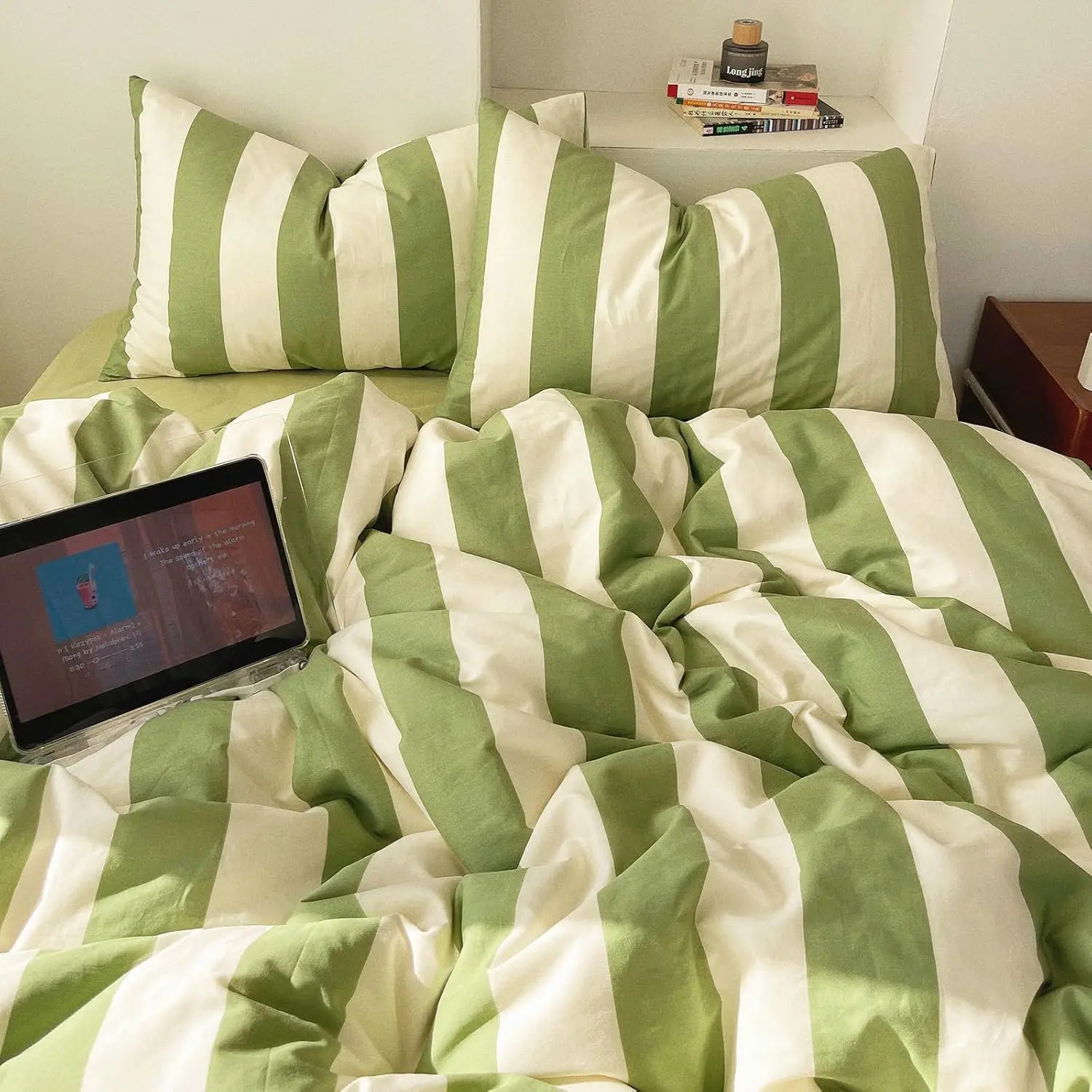 3 Pieces Queen Size Striped Duvet Cover Set, 100% Washed Microfiber Sage Green White Stripes Printed Comforter Cover, Soft Breathable Farmhouse Striped Bedding Set 3 Pieces Queen Size Striped Duvet Cover Set, 100% Washed Microfiber Sage Green White Stripes Printed Comforter Cover, Soft Breathable Farmhouse Striped Bedding Set