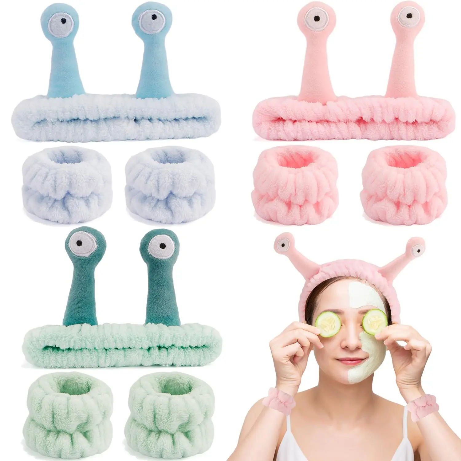 9 Pcs Skincare Headbands Snail Spa Headband and Wristband Set Alien Pink Face Wash Wristbands Cute Makeup Hair Band for Washing Face Wrap Head Towel Wrist Towels for Shower Gift
