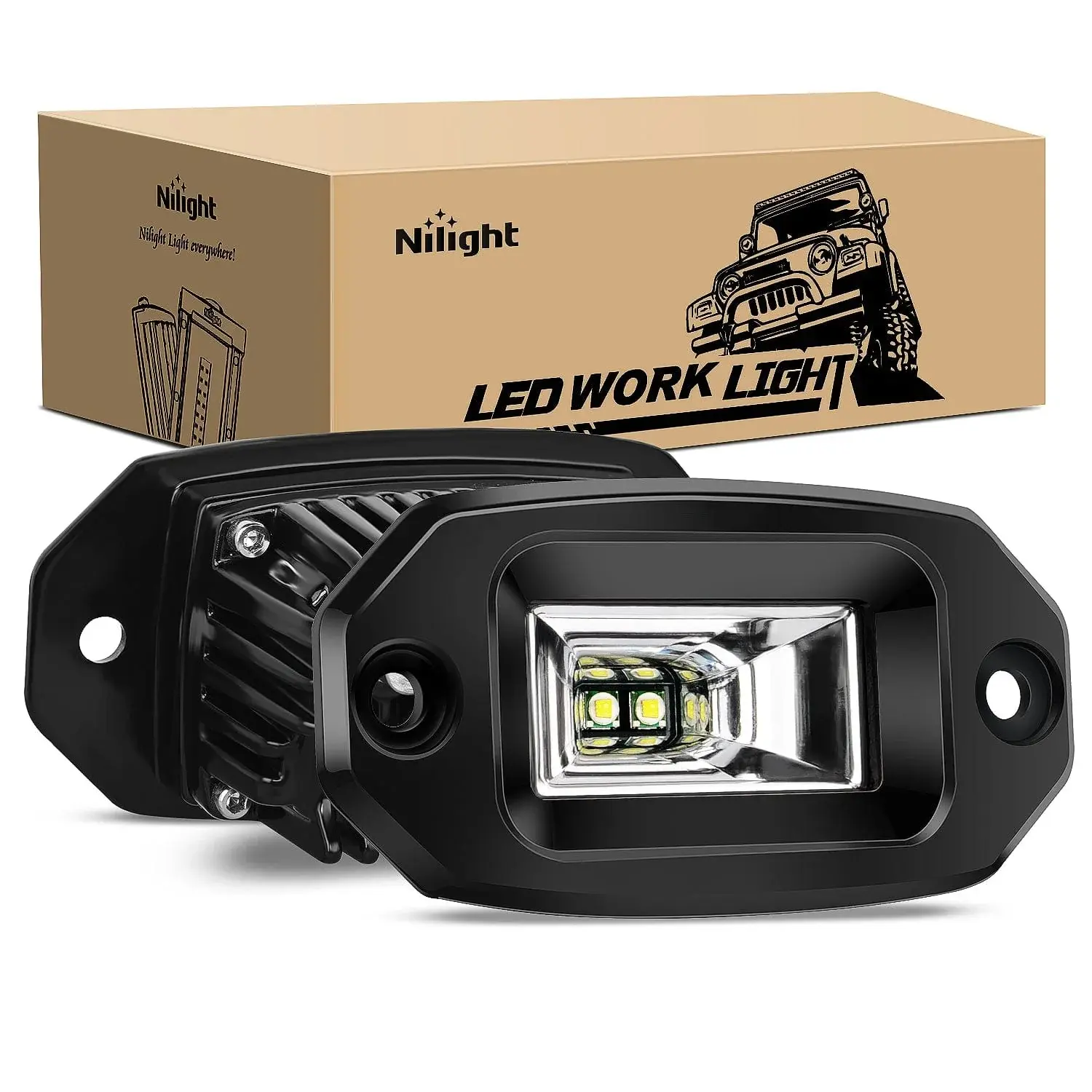 Nilight 4.5in 20W Flush Mount Flood LED Work Lights (Pair) - High-Brightness Aluminum Alloy Build, IP67 Waterproof, Pre-Marked Kit for Automotive, Motorcycles, Jeeps, Boats, Tanks, Bus
