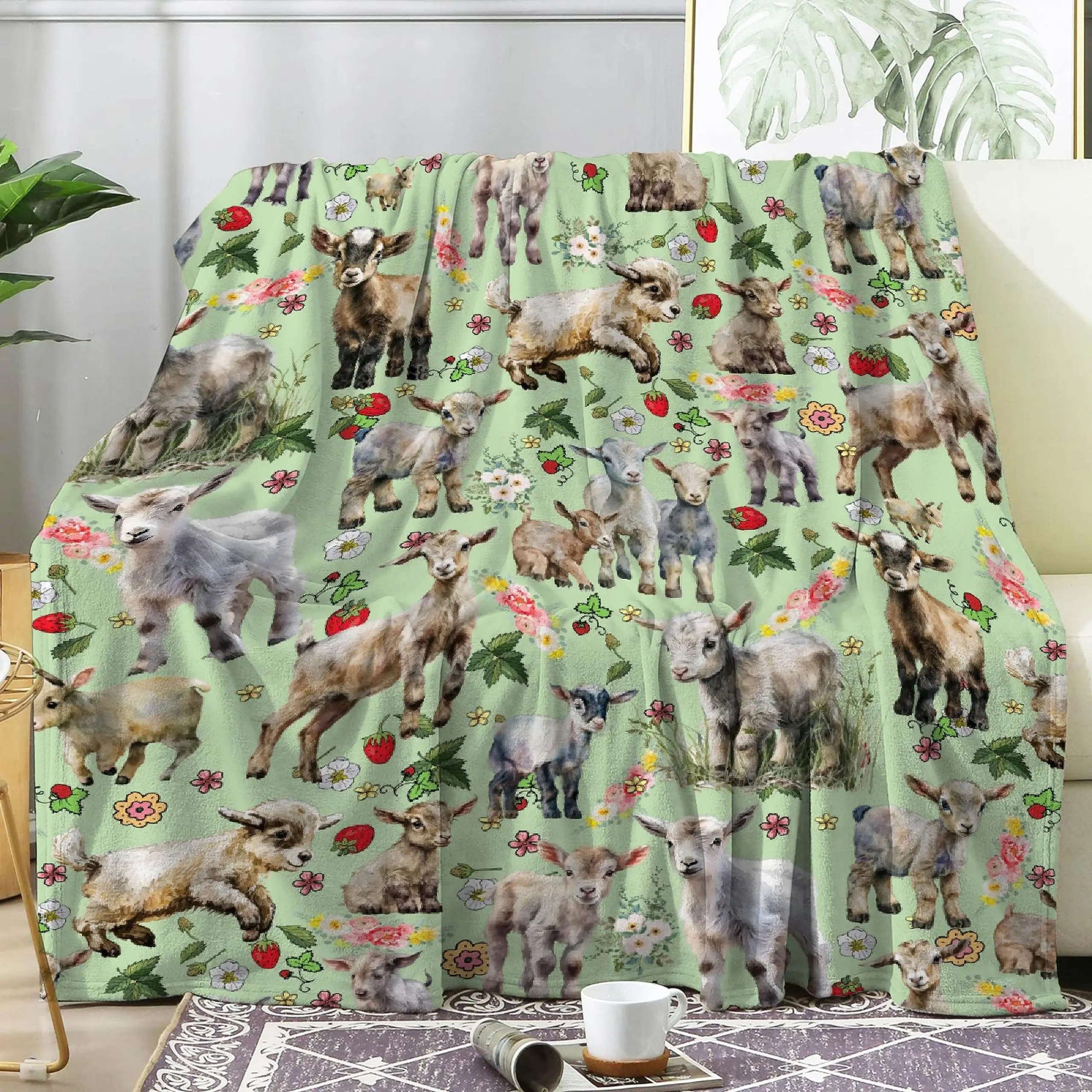 Goats Blanket Gift for Boys Girls.   Throw Blanket Gift for Decor Cute Goats Plush Soft Lightweight Flannel Fleece Flower Green Blankets 50x40In