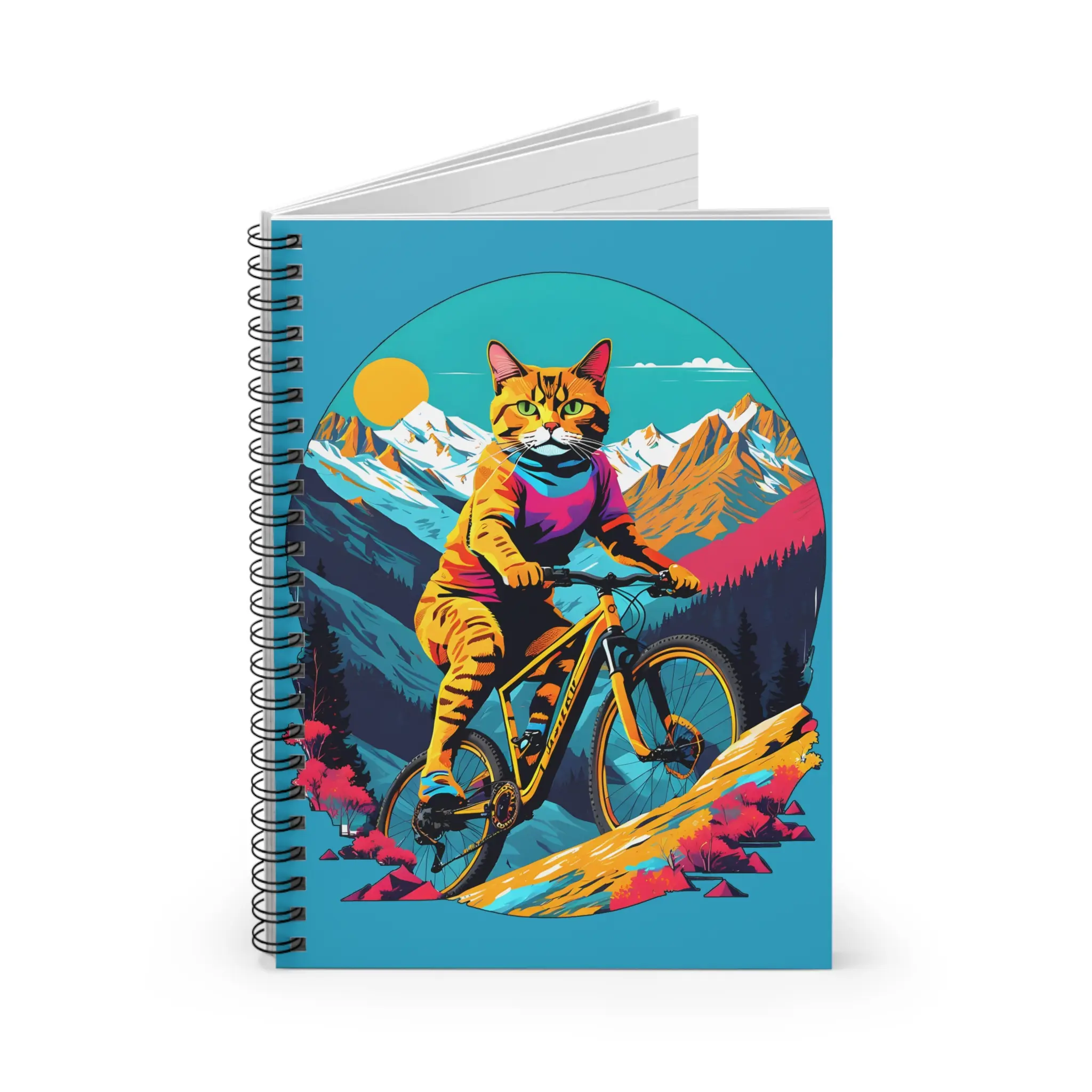 Adventure Cat Spiral Notebook | Whimsical Mountain Biking Cat Journal, Funny Animal Sketchbook, Cute Travel Diary, Colorful Gift for Writers