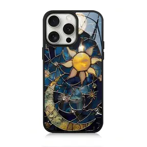 Glass & Acrylic Hard Case, Sun & Moon Pattern Phone Case, Anti-drop Total Protective Protective Case Compatible with iPhone 11 12 13 14 15 16 Pro Max
