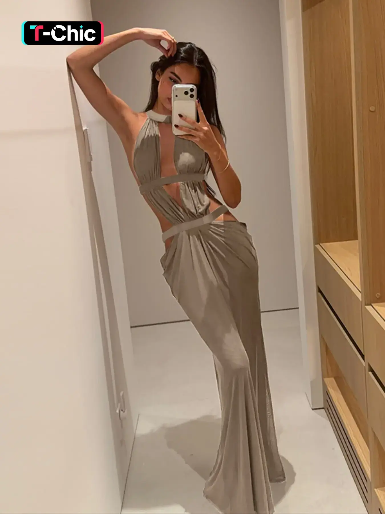 Women's Holiday Style Summer Beach Lattice Halter Sleeveless Dress, Solid Color Fitted Slim Dress, Plain Surface, Lightweight (88.2g/m²), Made in China