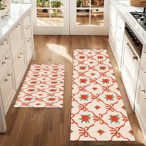 2pcs Christmas and New Year printed kitchen rug Christmas with bows and red winter flowe Floor Mat Set Farmhouse Kitchen Rug Dining Room Flooring Laundry Room Decor Carpet Mat