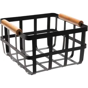 Square Metal Storage Basket with Bamboo Handles Medium Farmhouse Style Wire Basket Home Organizer Decorative Rustic Black