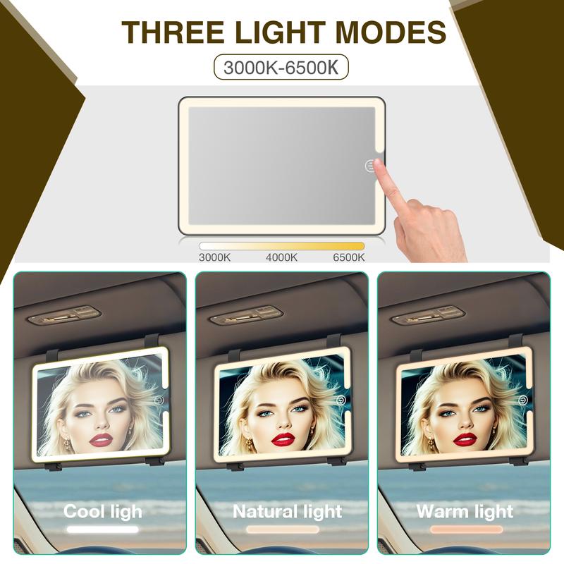 Type-C Rechargeable LED Mirror for Cars: Sun Visor Mount with 3 Light Settings and Touch Dimming