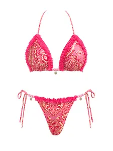 2026 new patchwork lace-up mini bikini two-piece set, fashionable casual printed low-rise two-piece swimsuit set, vacation beachwear swimwear party outfit