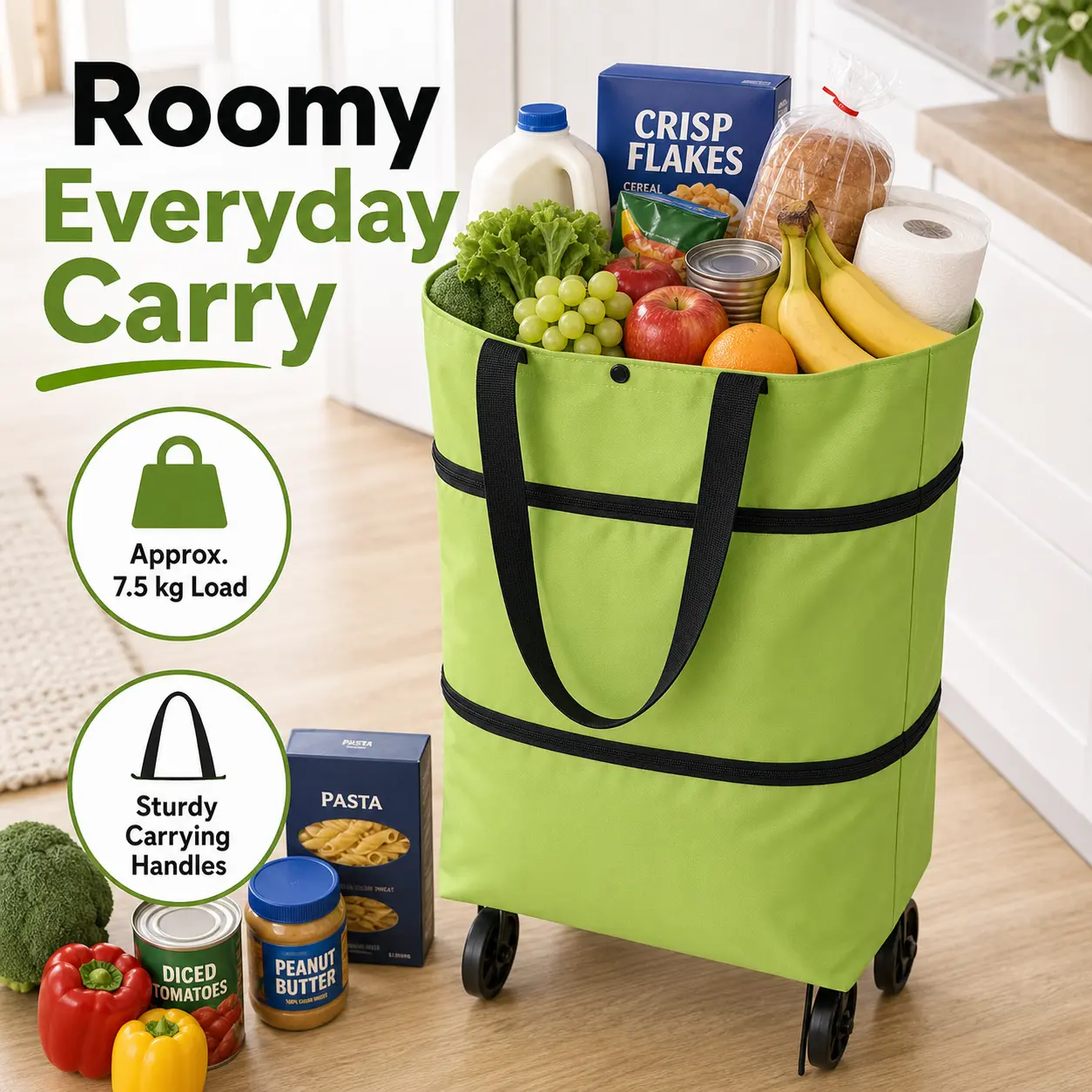 Foldable Rolling Shopping Bag with Wheels, Reusable Grocery Tote Cart, Lightweight Oxford Cloth Shopping Bag with Handles for Groceries, Laundry, Travel and Errands