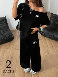 Women Solid Color Oversized Off-Shoulder Crop Top & Drawstring Wide Leg Pants Two Piece Set (2 Packs), Casual Y2K Style, Soft Breathable Fabric, Perfect for Daily Outings, Lounging & Streetwear Looks