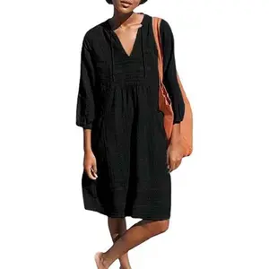Women’s V-Neck Cotton Casual Loose Shift Tunic Smock Summer Dresses Vacation Dress 3/4 Sleeve Pocket