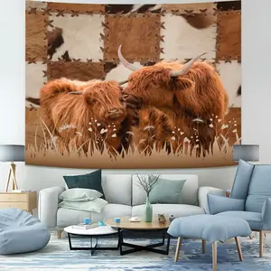 Rustic Highland Cow Patchwork Tapestry, Farm Animal Wall Hanging, Western Cowhide Tapestries, Aesthetic Wall Blanket, Rustic Backdrop Decor for Cow Lovers Bedroom