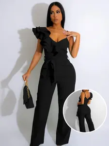 USBoutique Chic Women's Black One Shoulder Ruffled Top& Wide Leg Pants Jumpsuit, Casual Summer Romper, Trendy 2025 Outfit