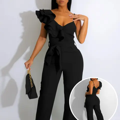 USBoutique Chic Women's Black One Shoulder Ruffled Top& Wide Leg Pants Jumpsuit, Casual Summer Romper, Trendy 2025 Outfit