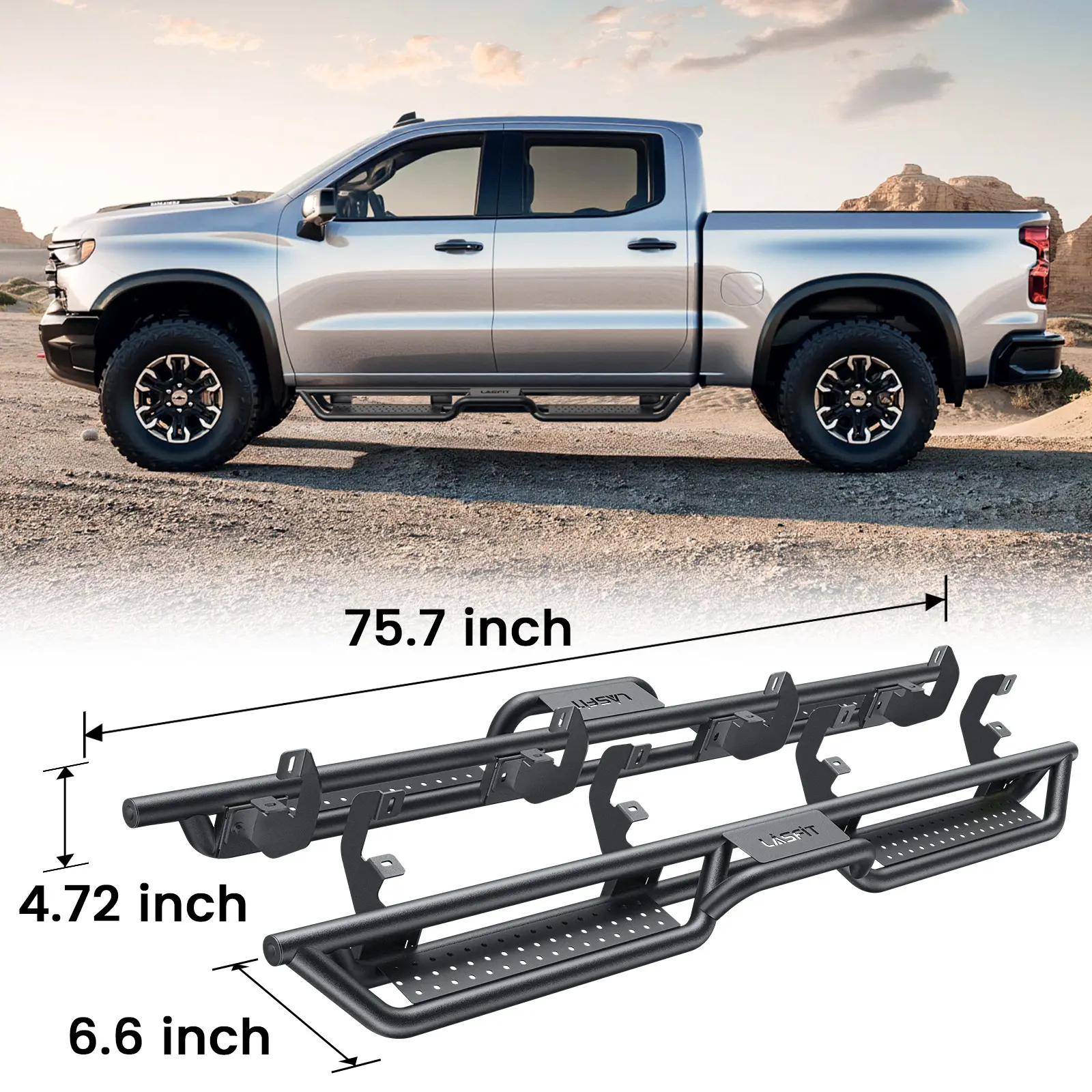 Lasfit Truck Running Boards Side Steps - 6 Brackets, 6.6 in Bolt-On Coated Carbon Steel, 2-Level Design, 600 lbs Support, Fits 2017-2026 Ford F-250/F-350 Crew Cab ONLY, Easy Access, Better Traction, All-Year Protection, for Daily Use & Off-Road Adventures