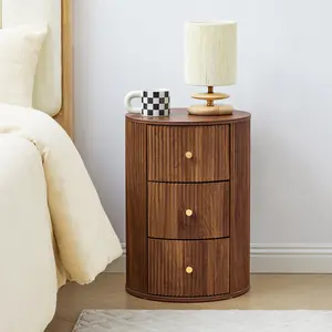 Giratree Fully Assembled Round End Table with 3 Drawers, Mid-Century Modern Side Table for Living Room, Circular Nightstand with Storage for Bedroom, Compact Sofa Bedside Table