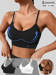 2-Pack Women's Thin Shoulder Strap Cross-Back No Underwire Sports Bra, Criss Cross Bra, Double-Layer Built In Removable Bra Pads, Comfortable, Breathable, and Stretchy, Strapless Backless Tank Top Bra, Suitable for Fitness, Yoga, Run