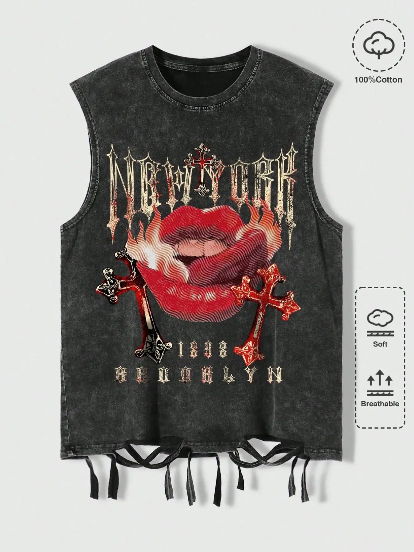 Dark High Street Style Vintage Distressed Sleeveless Vest, Lip Cross Graphic Print, Ripped Hem Fringe Design, Unique and Eye-Catching, Casual Loose Fit, Tops