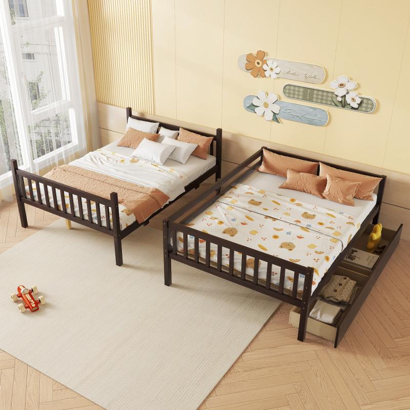 full Over full Rubber Wood Bunk Bed with 2 Drawers, Convertible into 2 full Beds, full Size Bunk Bed with Ladder and Safety Guardrails ,Espresso