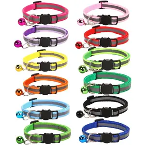12-Pack of Safety Reflective Cat Collars with Bells - Anti-Loss Buckle, Visible at Night, Anti-Predator Bells - Adjustable Collars for Kittens and Adult Cats (12 Multi-Colors)