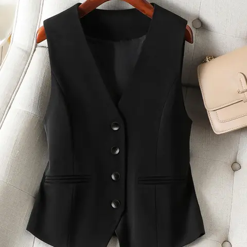 Women's Solid Button Front Vest, Elegant Formal Workwear V Neck Sleeveless Waistcoat for Work Office Business, Ladies Spring & Fall Clothes, Business Attire Clothes