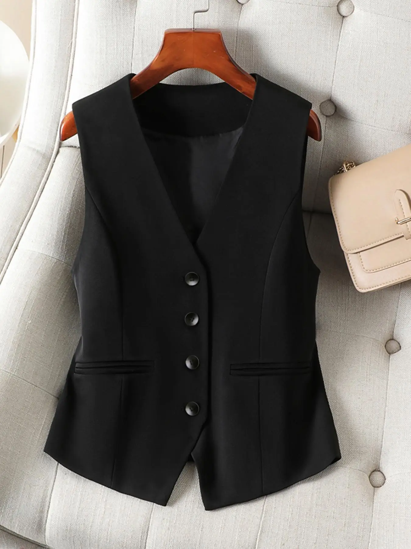 Women's Solid Button Front Vest, Elegant V Neck Sleeveless Waistcoat for Work Office Business, Ladies Spring & Fall Clothes