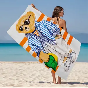 Large Soft Beach Towel with Cartoon Blue Striped Bear Pattern, Super Absorbent Microfiber Bath Towel, Ideal for Beach Vacation