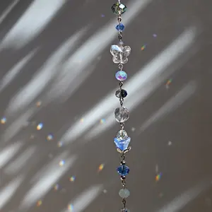 Blue Floral Crystal Beaded Suncatcher Handmade Window Hanging Rainbow Prism Fairycore Decor Boho Plant Charm Gift for Her 10 Inch Length