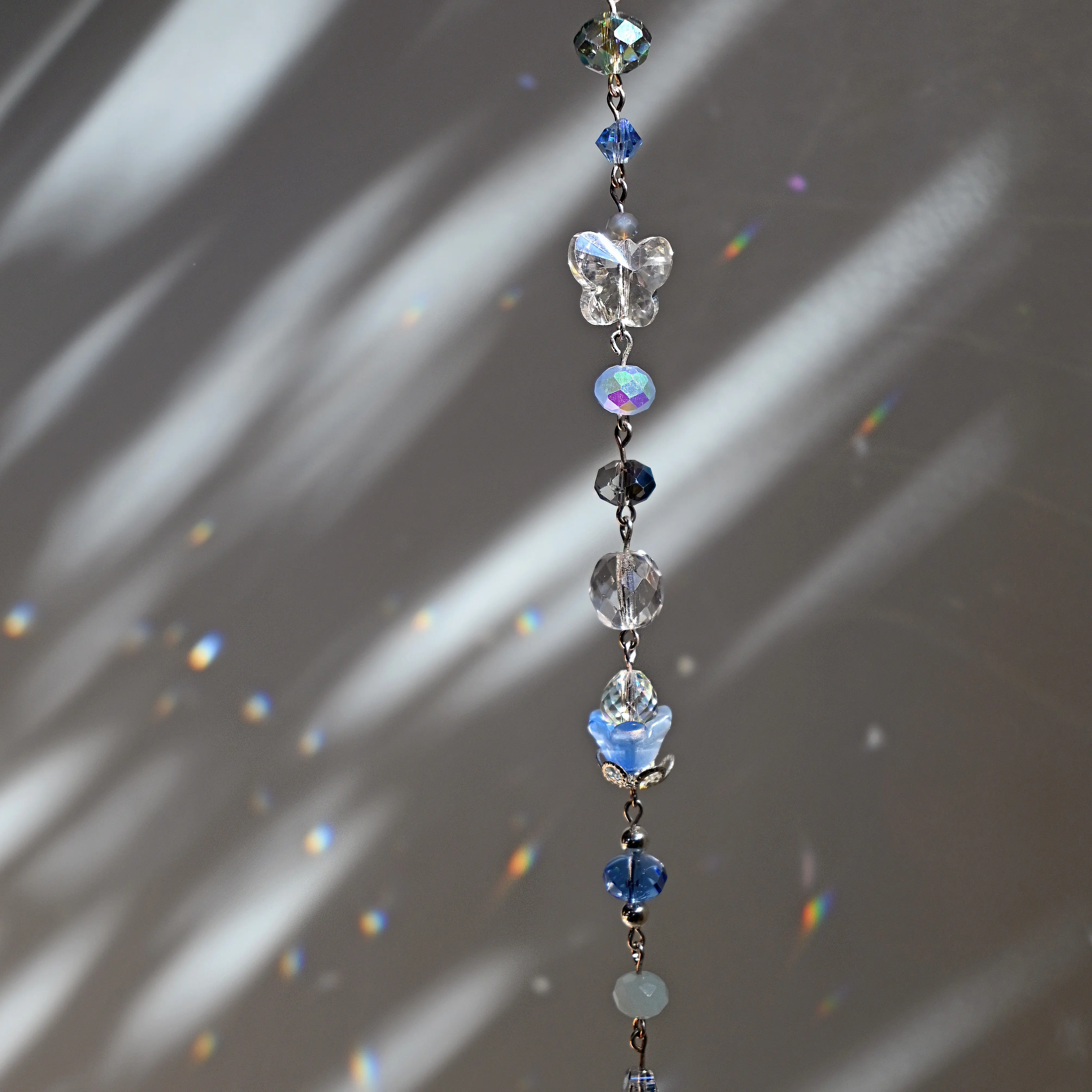 Blue Floral Crystal Beaded Suncatcher Handmade Window Hanging Rainbow Prism Fairycore Decor Boho Plant Charm Gift for Her 10 Inch Length
