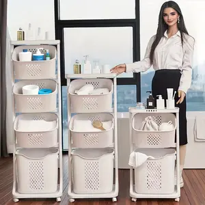 4-Tier Laundry Basket Rolling Car Removable Storage Bucket Plastic Basket with 4 One Wheels White, Laundry Basket
