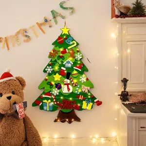 2026 Christmas Creative DIY Felt Xmas Tree, Includes 30pcs Felting Accessories and 1pc Handmade Felt Tree with String Lights for Hanging Wall Decorations