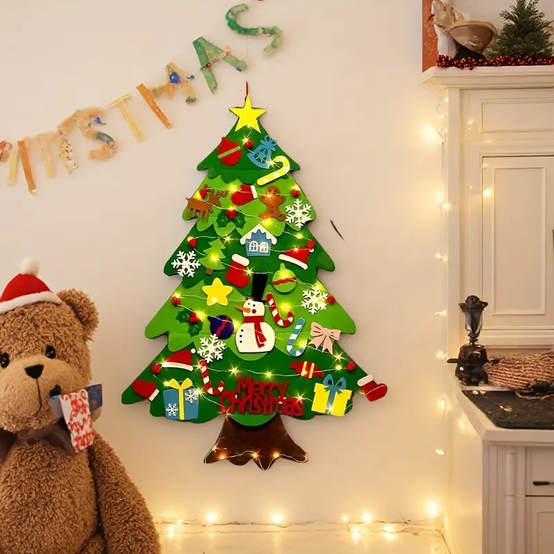 2026 Christmas Creative DIY Felt Xmas Tree, Includes 30pcs Felting Accessories and 1pc Handmade Felt Tree with String Lights for Hanging Wall Decorations