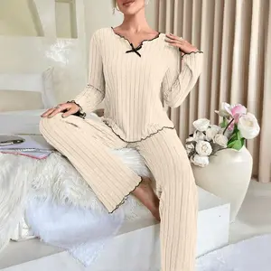 New Spring Women's Pajama Set, Stylish Black-Trimmed Ribbed Casual Loungewear, Comfortable Long-Sleeve Top & Pants Ensemble, Trendy Relaxed-Fit Daily Homewear (Multiple Neutral Color Options)