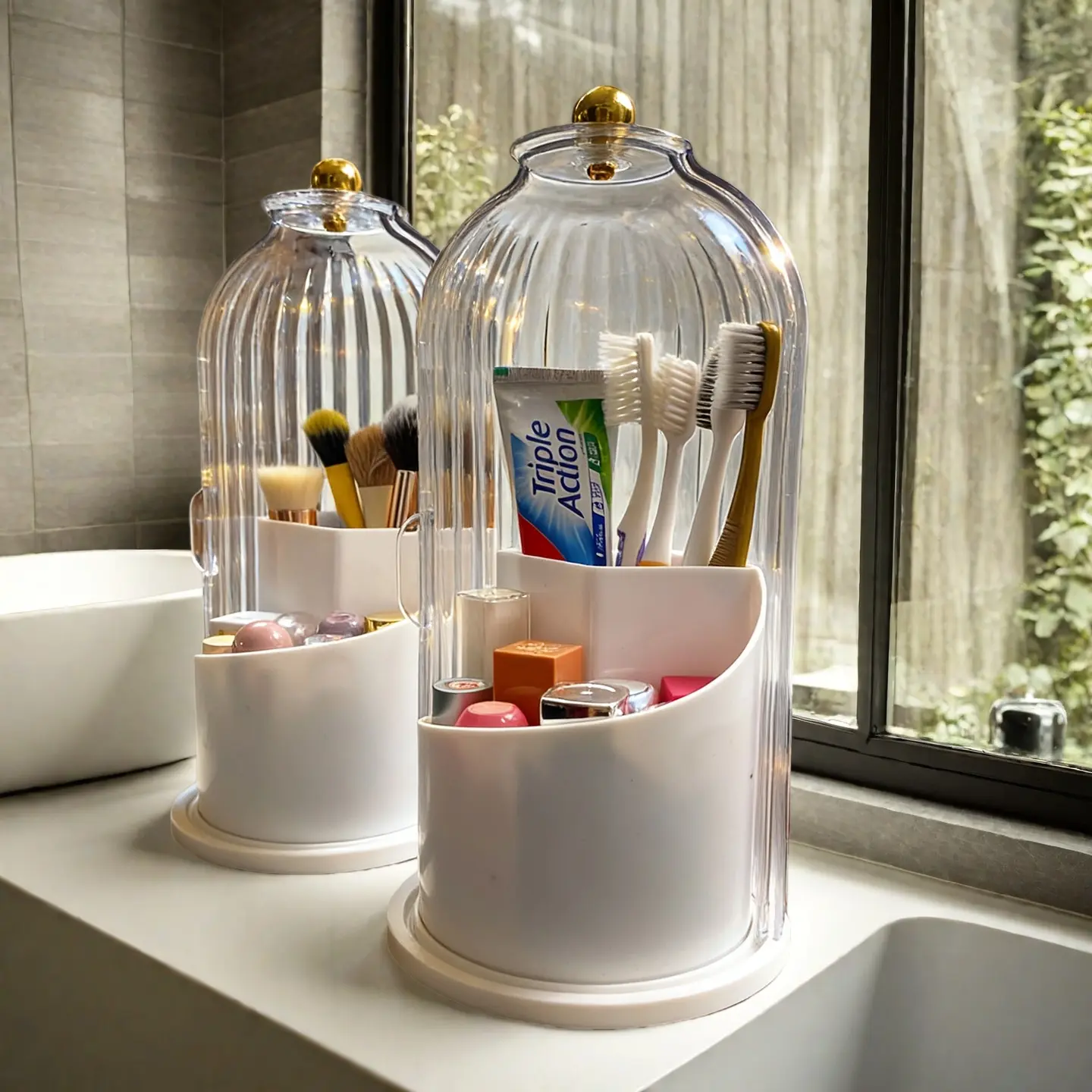 White ABS Plastic Bathroom Toothbrush Holder Set - Rotating Multi-Section Countertop Organizer, 3-Slot Brush Storage, Dustproof, Anti-Slip Base, Drainage Design, Gift Idea for Bathroom Countertop Toothbrush Holder Needs