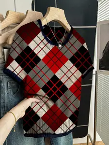 Geometric Pattern Colorblock Plaid Print Elegant Round Neck Sweater, Casual Short Sleeve Knitwear Fitted for Spring Summer Fall, Comfortable Warm Women's Clothing