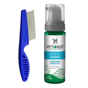 No Rinse Cat Waterless Dry Shampoo Bundled with Grooming Comb - Gentle Foam Formula for Cleaning and Deodorizing – Leave-In, Veterinarian Formulated – 4 oz
