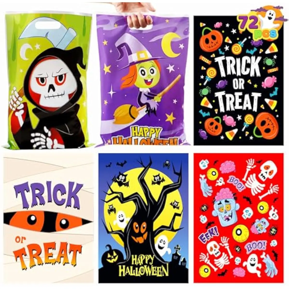 JOYIN 72 Pcs Halloween Candy Bags, Trick or Treating Goodie Bags in 6 Character Themed Designs for Kids Halloween Party Favor, Plastic Snacks Stuffers Bag for Party Supplies