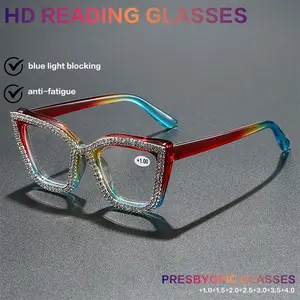Men Women Fashion Retro Square Cat Eye Rhinestone Reading Glasses, +1.0 to +4.0 Strength, Lightweight Durable PC Material, Daily Use