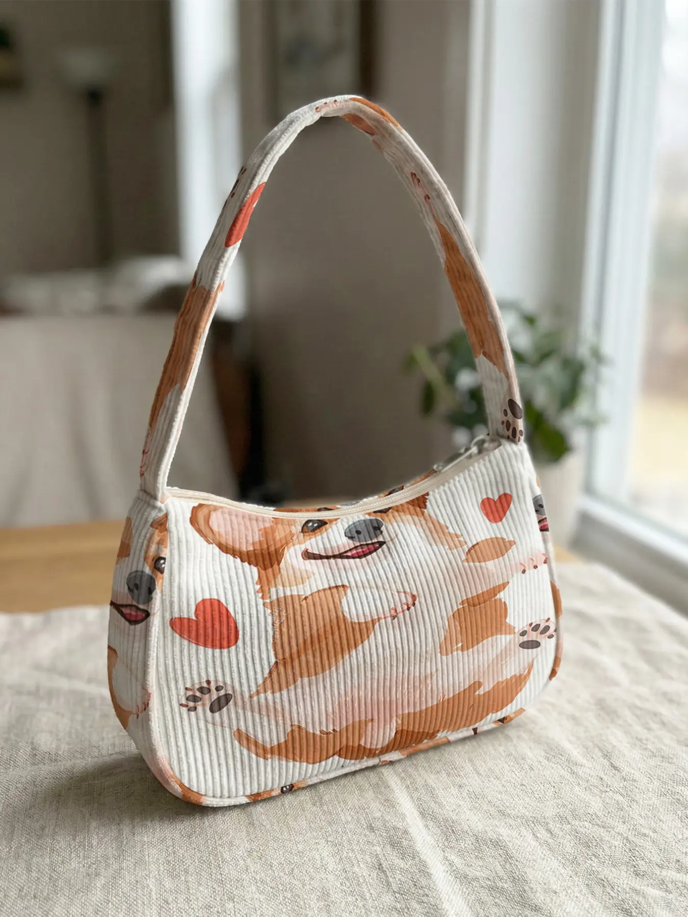1 piece of corgi pattern 2D printed corduroy shoulder bag, retro style|Daily commute/dating shopping/traveling all-purpose match|Beauty and practicality are both online, taste on the back