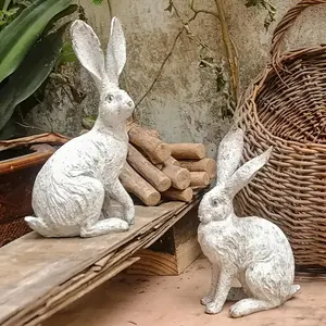 Two antique items, aged to look like old forest rural miscellaneous wooden stamps with a half-rabbit resin sculpture animal decoration for garden balcony decor. The cracked and peeling effect is achieved through aging, making it suitable for garden home d