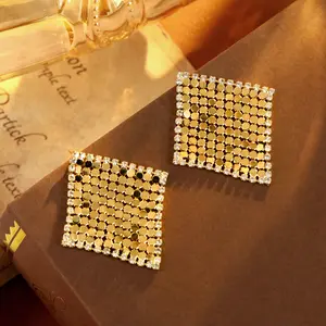 French Style Metal Crushed Ice Crystal Square Earrings 18K Gold Plated Copper Zircon 925 Sterling Silver Hypoallergenic Shiny Dangle Earrings for Women Luxury Statement Jewelry for Party Prom Wedding sterling silver jewelry gold zircon shiny gold