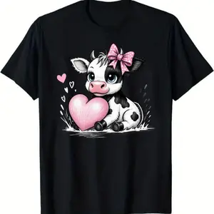 Adorable Cartoon Baby Cow T Shirt Featuring Blue Eyes Pink Bow White Spotted Cow Holding Pink Heart Playful and Affectionate Design Ideal for Cow Enthusiasts and Gift Giving Comfortable Crew Neck Cotton Fabric