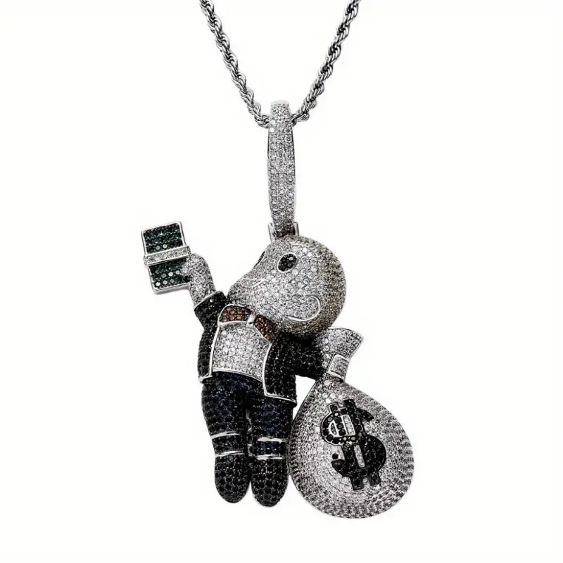 Fashion Necklace - Bald Boy Jewellery Pendant with Hand-Holding Dollar Bills, Beautiful Money Bag & Micro-Paved Colored Zircon Gemstone Necklace, Pendant for Chain, Iced Out Necklace