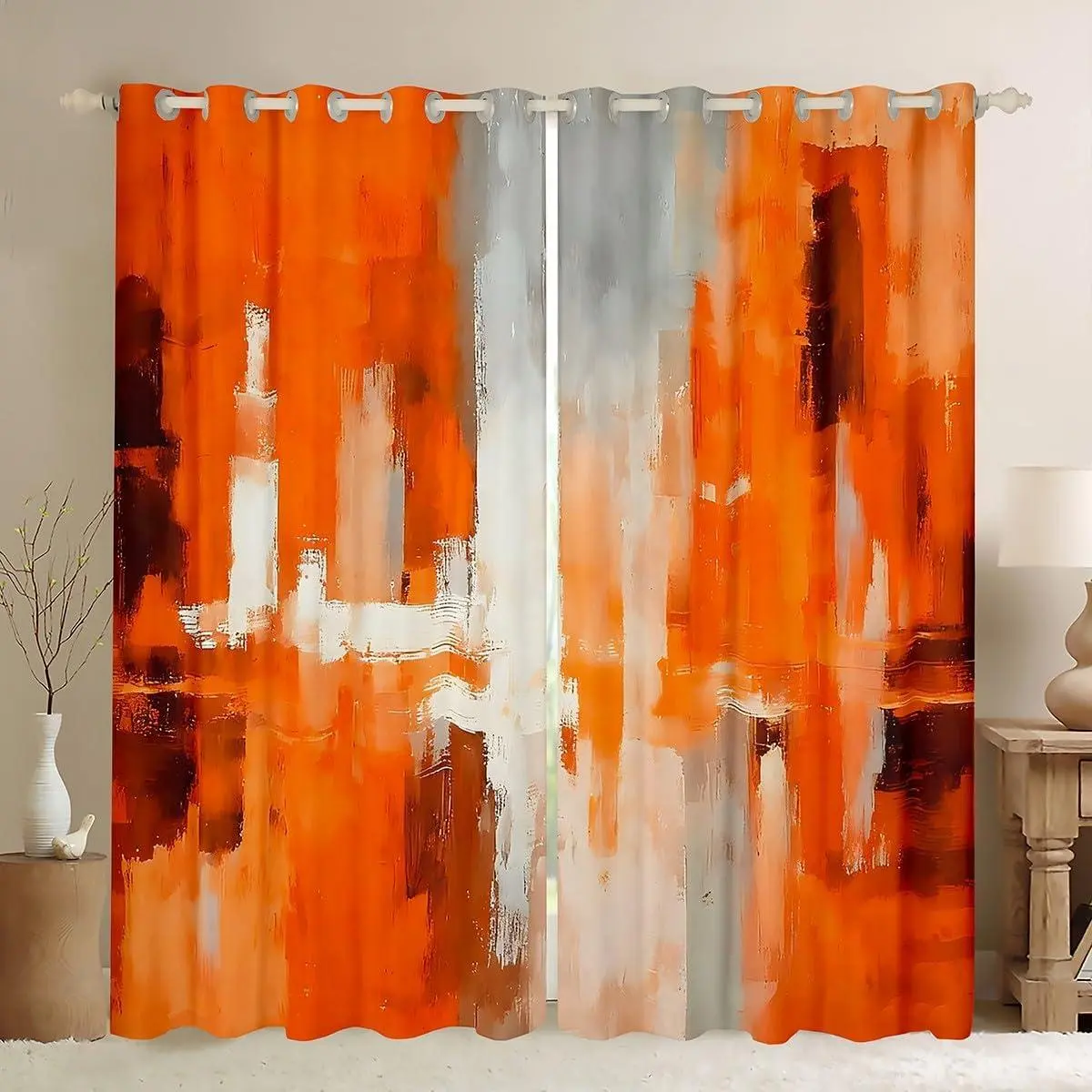 Orange Blackout Curtains Abstract Rust Art Darkening Drapes Bedroom Living Room Decor Geometric Modern Chic Thermal Insulated Shades Farmhouse Window Treatments,2 Panels