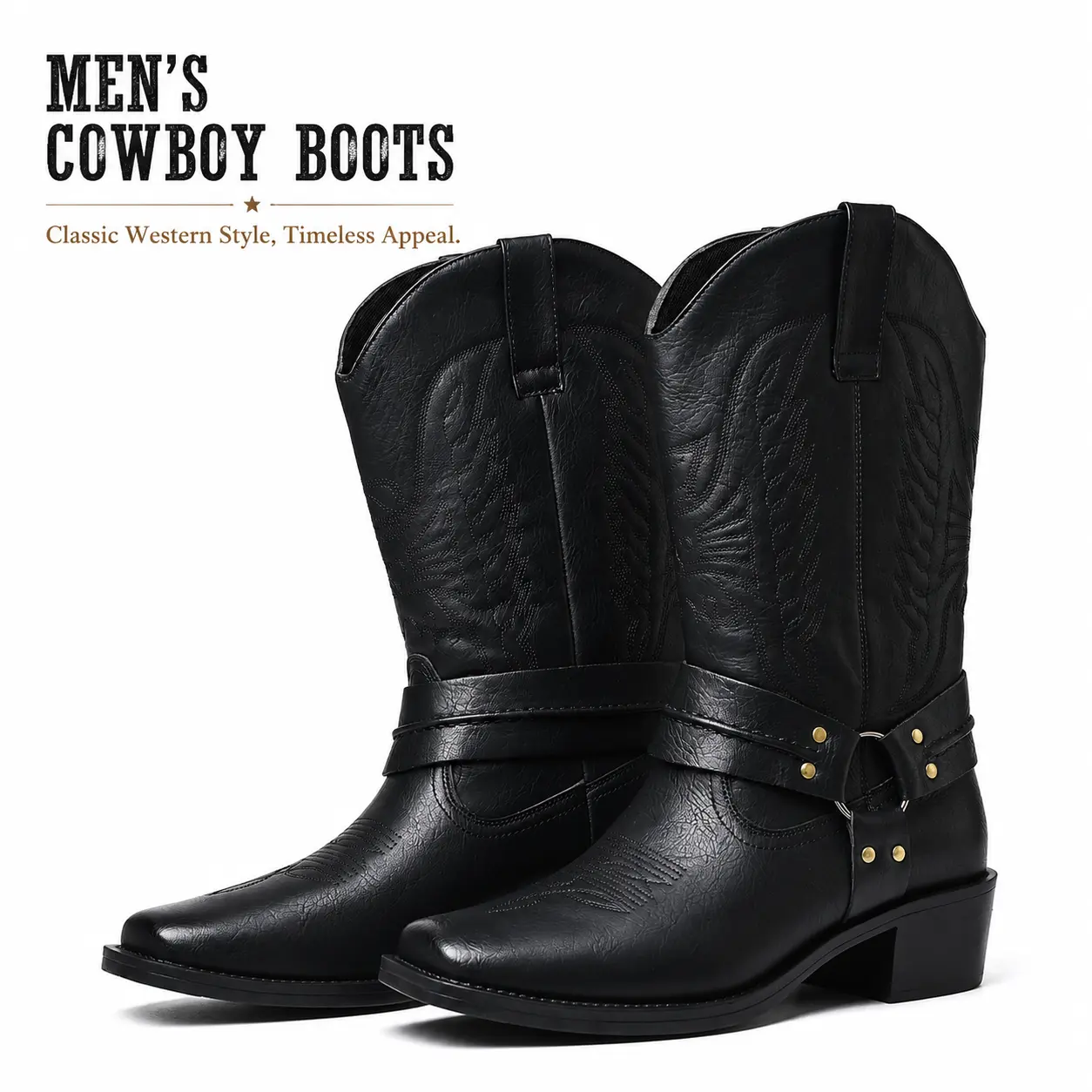YANXIANSHOES Men's PU Leather Ankle Boots - Round Toe, Western Stitched Shaft, Harness Buckle Strap, Metal Studs, Low Flatform Casual Boots