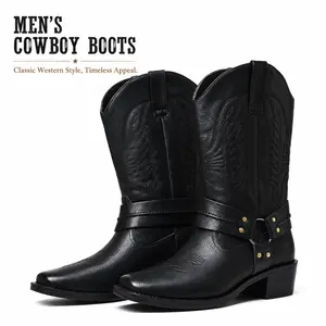 YANXIANSHOES Men's PU Leather Ankle Boots - Round Toe, Western Stitched Shaft, Harness Buckle Strap, Metal Studs, Low Flatform Casual Boots